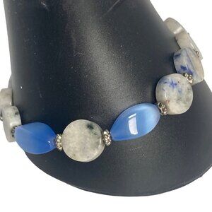 Beaded Bracelet With Marbled Blue Gray Disc Stones Silver Tone Toggle Clasp